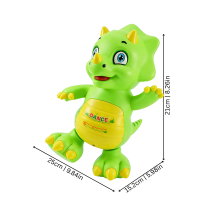 Toddler-friendly interactive dinosaur toy; a walking, musical, and light-up educational playmate