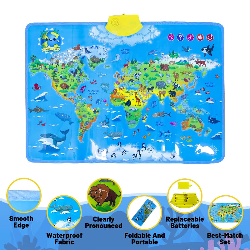 Close-up of interactive world map with colorful animal illustrations, Montessori educational toy