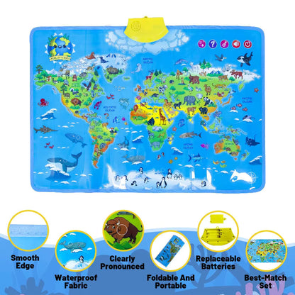 Close-up of interactive world map with colorful animal illustrations, Montessori educational toy