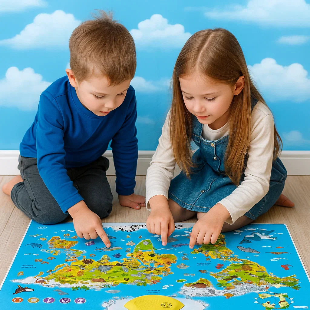 Child pointing at an animal on the Interactive Learning World Map, engaging geography toy