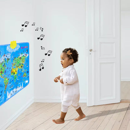 Kids playing with an interactive world map, featuring continents and diverse animals, fun learning