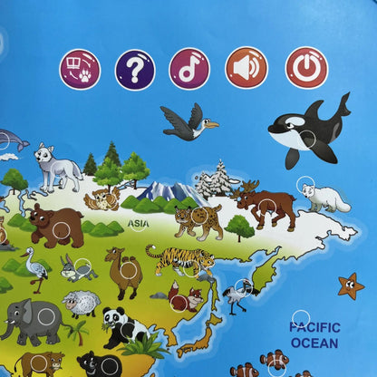 Front view of the Interactive Learning World Map, detailing animals & continents, educational play