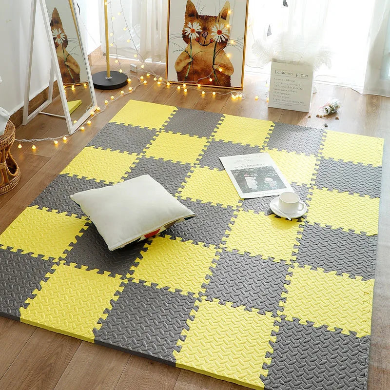 Child reaching for a toy on a cushioned interlocking foam puzzle play mat, crawler mat