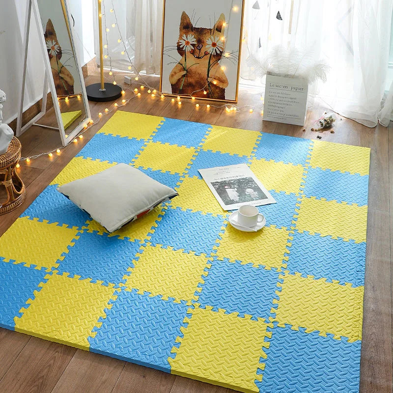 Assembled foam puzzle play mat with contrasting edge pieces for a neat baby floor area