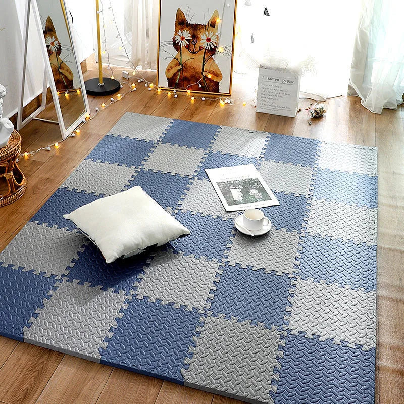 Child joyfully sitting on a bright interlocking foam puzzle mat, ideal soft flooring