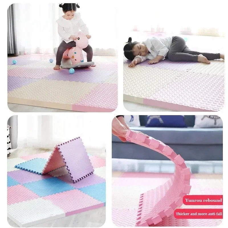Close-up of soft foam puzzle pieces interlocking for a baby play mat, comfortable flooring