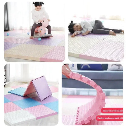 Close-up of soft foam puzzle pieces interlocking for a baby play mat, comfortable flooring