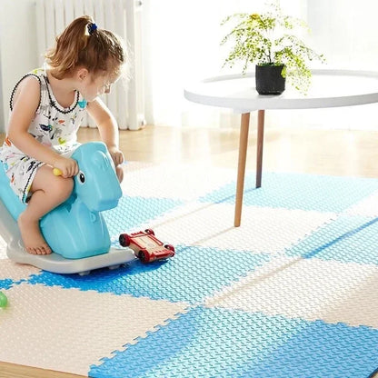 Baby girl crawling and playing on a colorful interlocking foam puzzle play mat, safe for toddlers