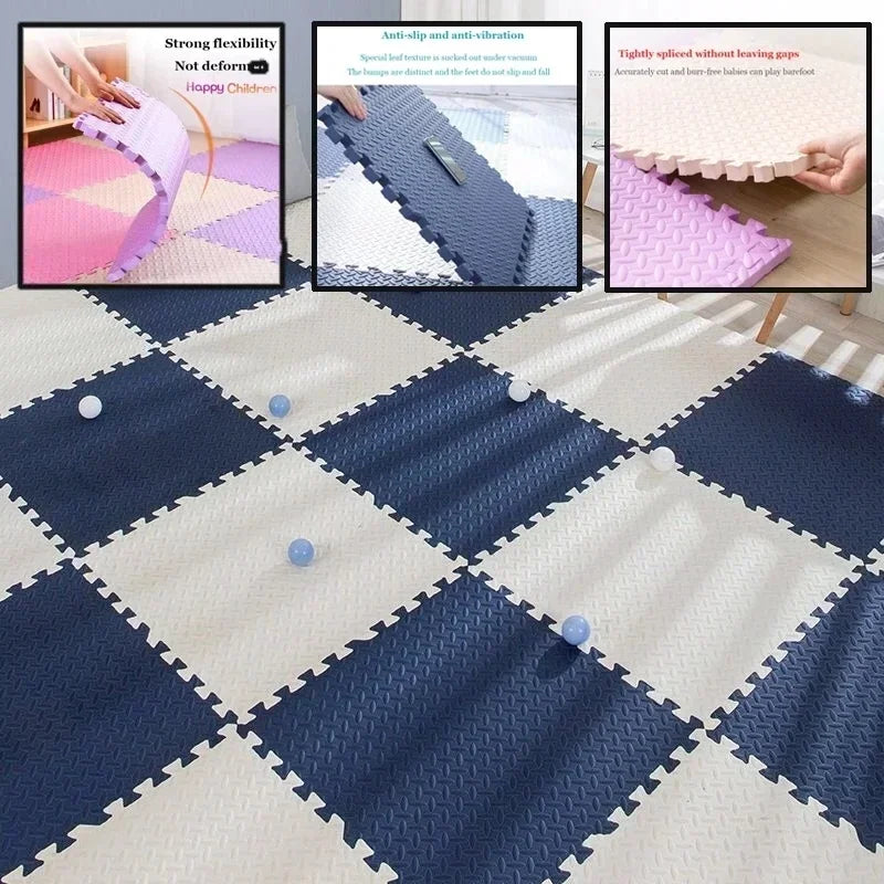 Arial view of a large, multicolored foam puzzle play mat set up in a baby's room