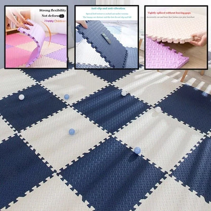 Arial view of a large, multicolored foam puzzle play mat set up in a baby's room