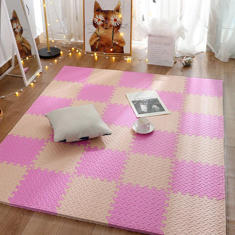 Interlocking foam puzzle play mat creating a soft, protective floor for baby's play area