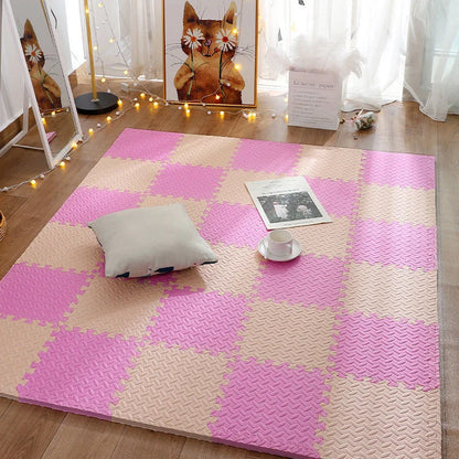 Interlocking foam puzzle play mat creating a soft, protective floor for baby's play area