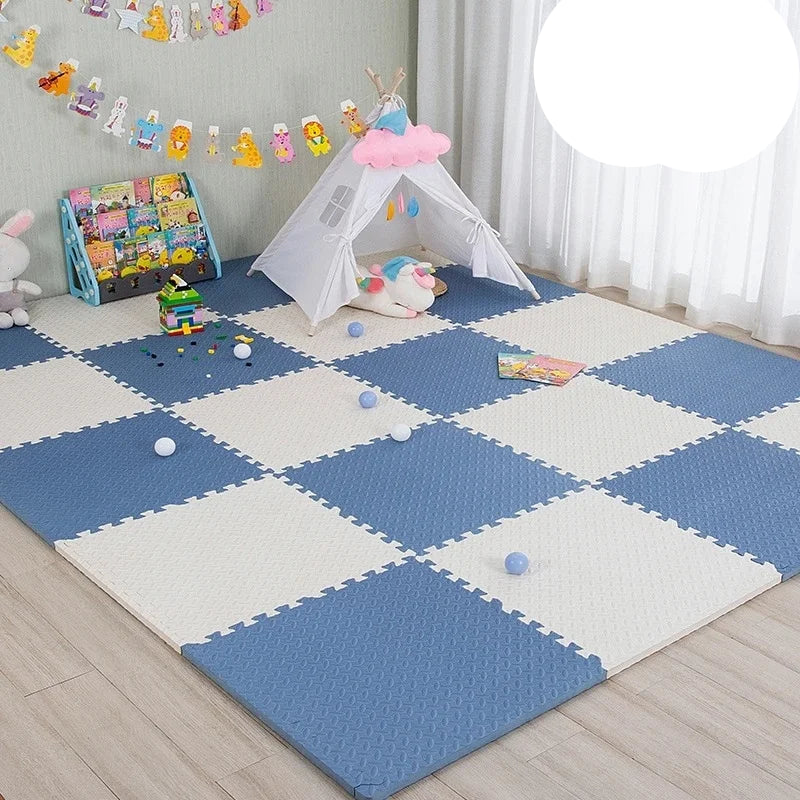 Modular foam puzzle mat in pastel colors, perfect for a baby or toddler play space
