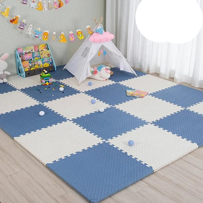 Modular foam puzzle mat in pastel colors, perfect for a baby or toddler play space