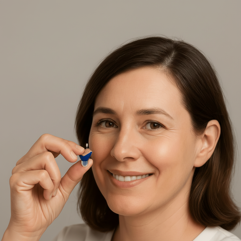 Tiny, invisible in-ear hearing aid. Rechargeable sound amplifier for discreet auditory enhancement & clear sound.