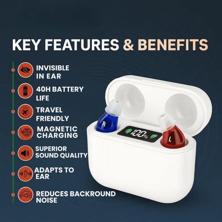 Discreet invisible in-ear hearing aid offering comfortable, enhanced personal listening & clear sound quality.