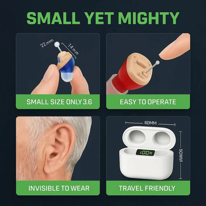Compact invisible in-ear hearing aid. Discreet sound amplifier for clear auditory enhancement & personal listening.
