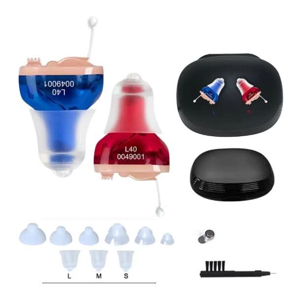 Comfortable invisible in-ear hearing aids for discreet, crystal clear sound amplification & auditory enhancement.