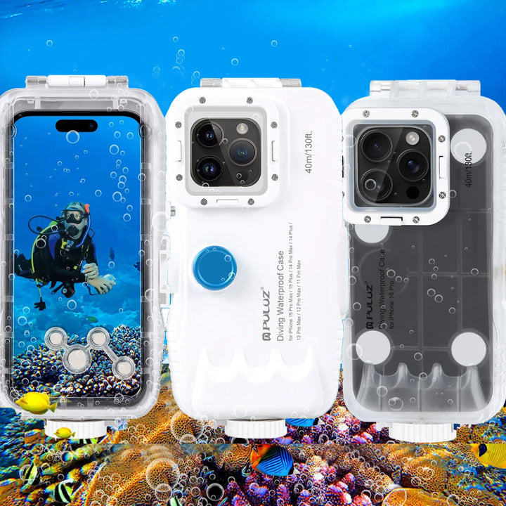 AquaShield waterproof iPhone diving case with touch control for easy underwater photography at 40m depth.