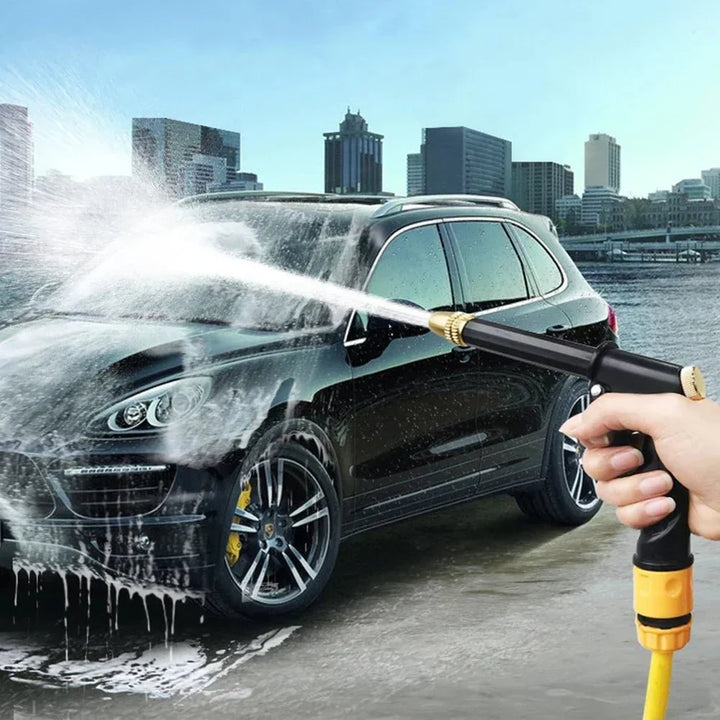 Close-up of JetSpray adjustable high-pressure water gun nozzle, perfect for diverse car & garden cleaning tasks.