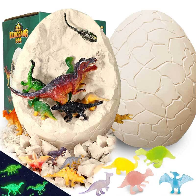 Jumbo dinosaur egg dig kit with tools, revealing a toy dinosaur for kids' STEM activity