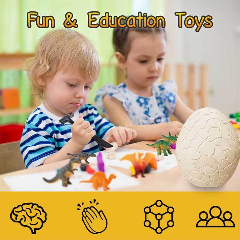 Child excitedly digging into a large dinosaur egg kit, unearthing a surprise dino toy