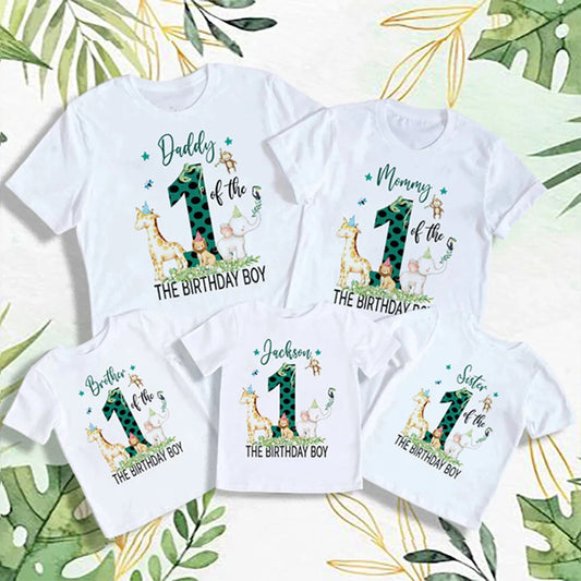 Jungle theme lion family matching birthday t-shirt set for boys and parents, short sleeve