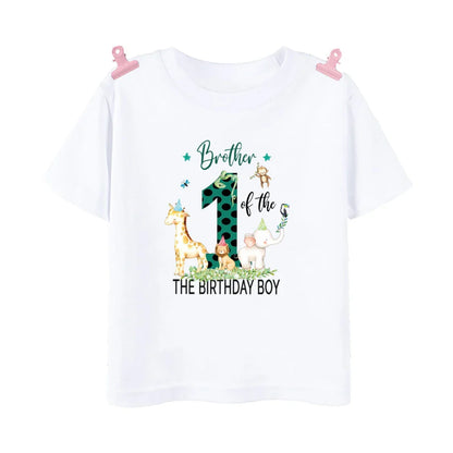 Family matching summer short sleeve t-shirts with jungle animals for a birthday celebration