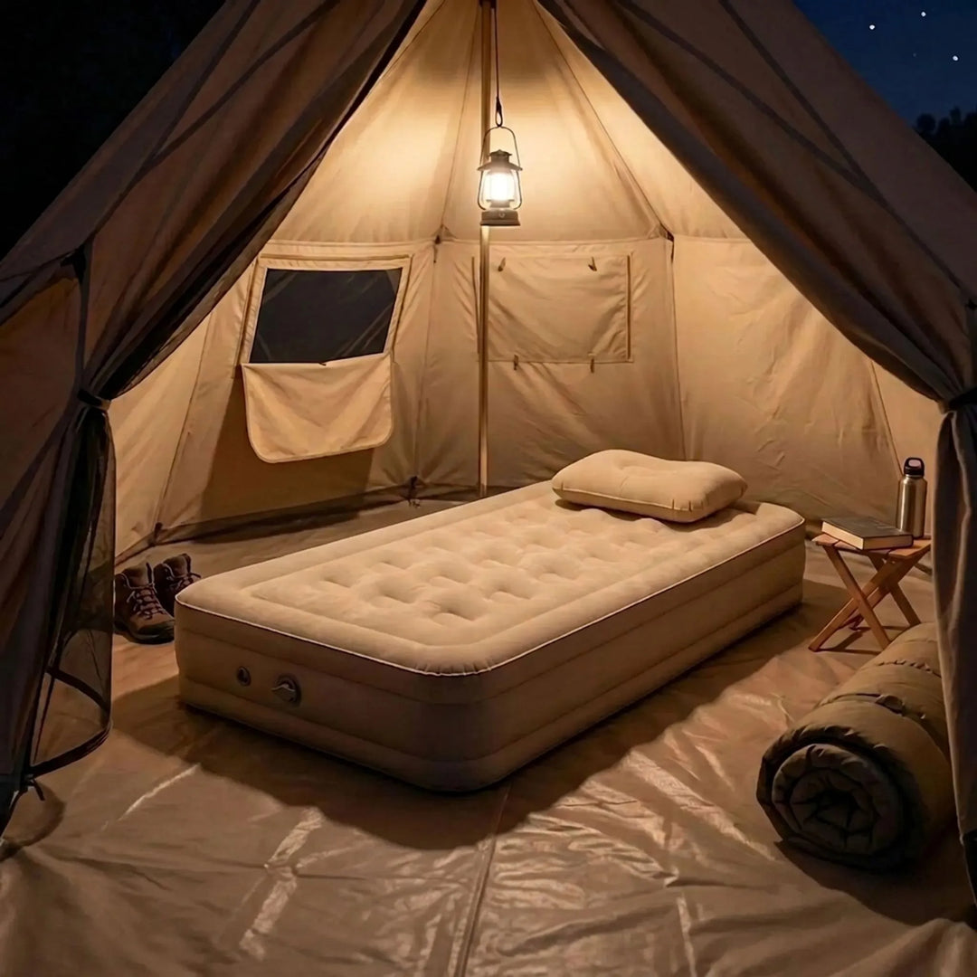 Khaki elevated single camping air mattress for outdoor comfort. Inflatable sleeping pad, portable.