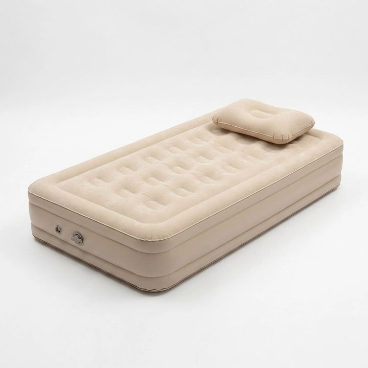 Black portable camping air mattress, elevated inflatable bed for comfortable outdoor sleeping.