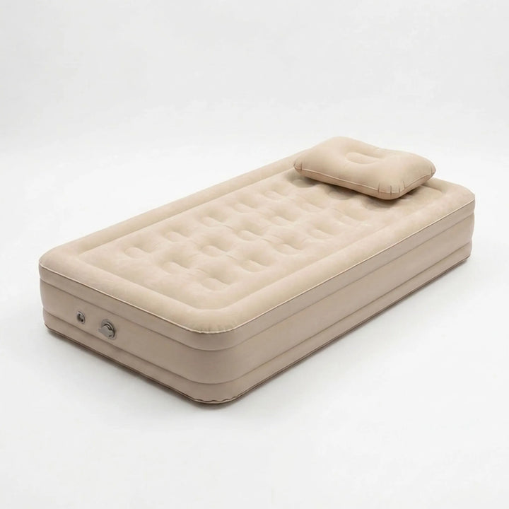 Portable elevated camping air mattress, black inflatable bed for outdoor recreation comfort.