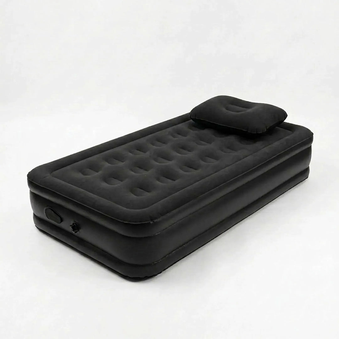 Khaki elevated single camping air mattress, providing superior outdoor sleeping comfort. Portable.