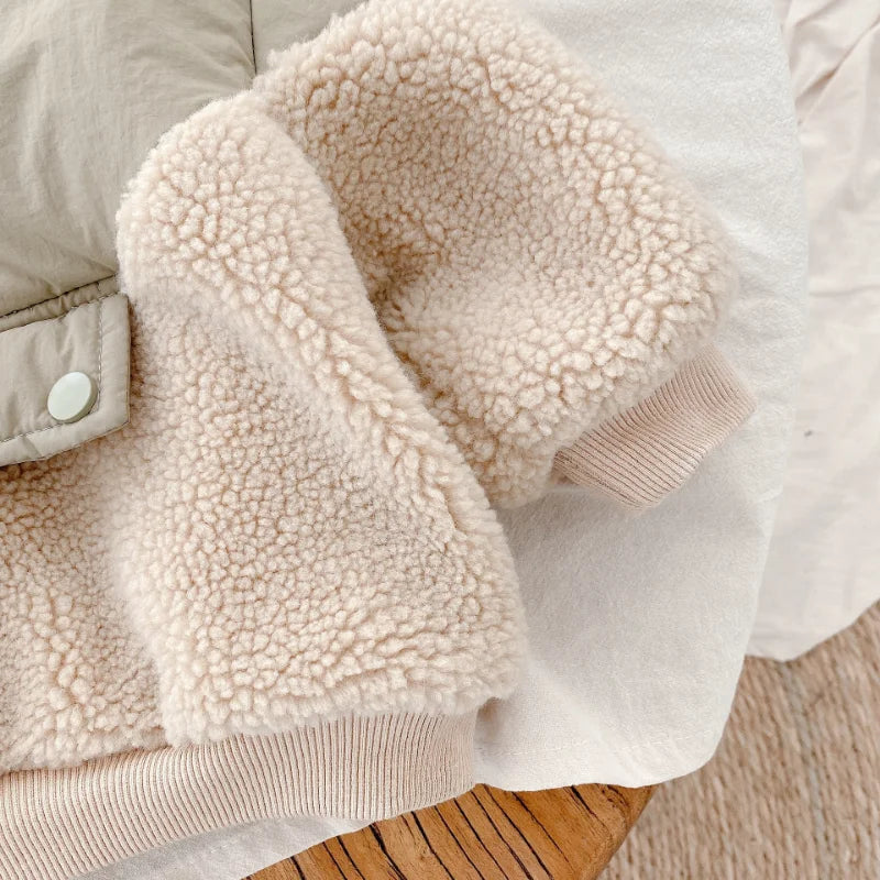 Girls' khaki lambswool winter jacket with hood and zipper, cozy kids outerwear