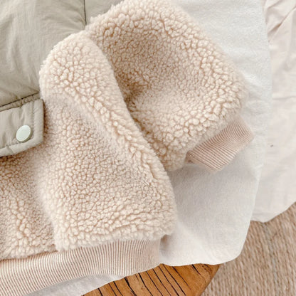 Girls' khaki lambswool winter jacket with hood and zipper, cozy kids outerwear
