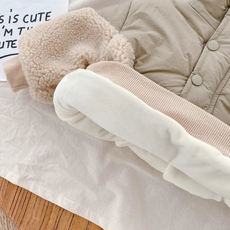 Hanging girls' super warm fleece lambswool winter coat, khaki color, kids fashion