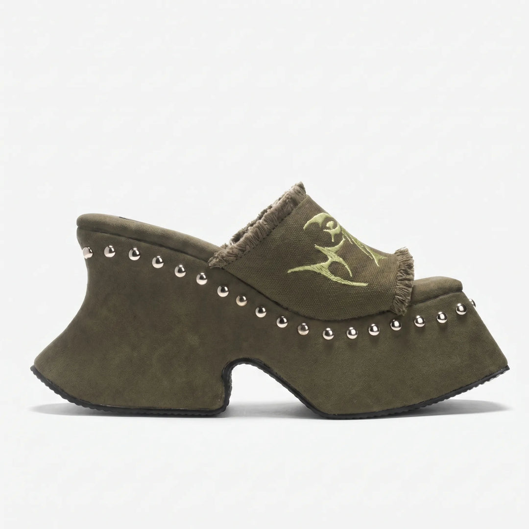Statement women's chunky platform sandals, high block heel mule for retro style. Khaki gray summer footwear.