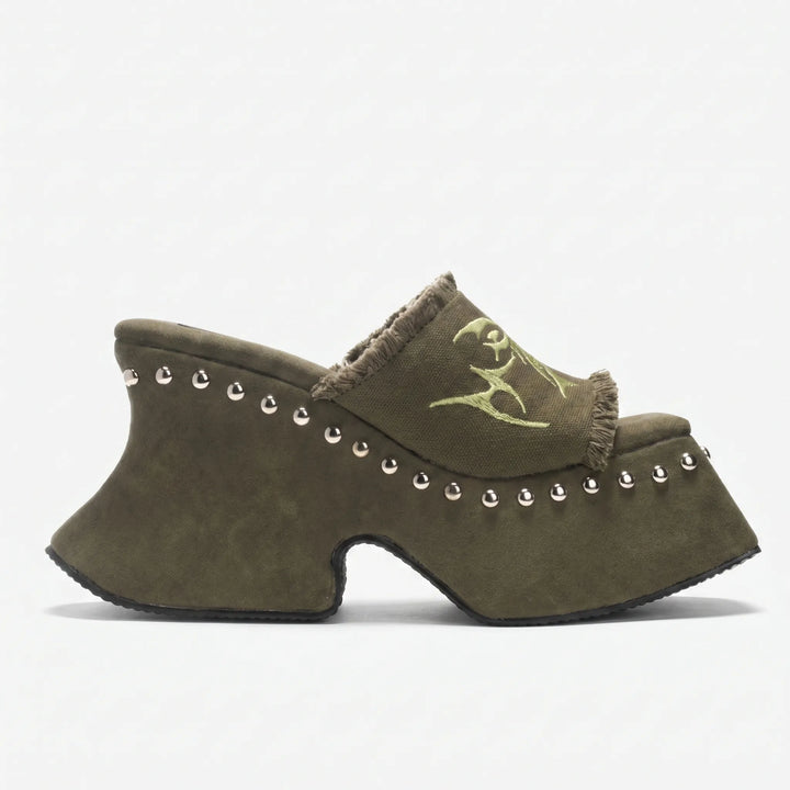Statement women's chunky platform sandals, high block heel mule for retro style. Khaki gray summer footwear.