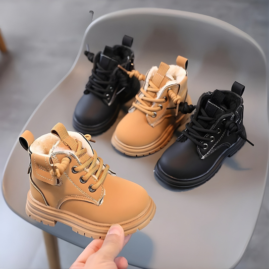 Khaki kids' warm winter snow boots with non-slip sole, cozy and durable for cold weather play.