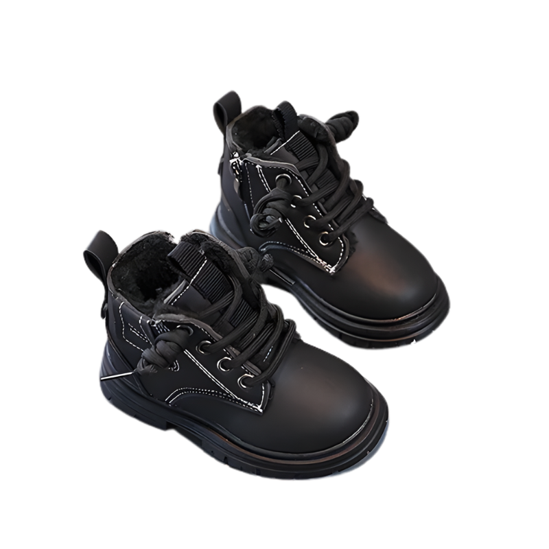 Pair of kids' warm snow boots, non-slip design for secure footing in winter.