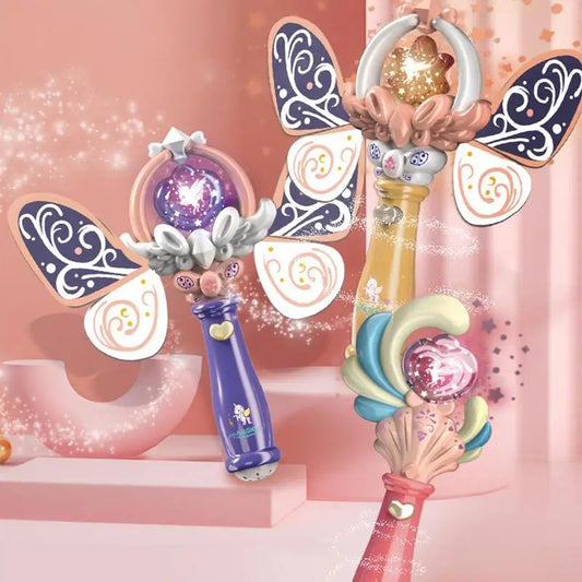 Kid holding a magical luminous butterfly wand with music and lights, perfect for pretend play.