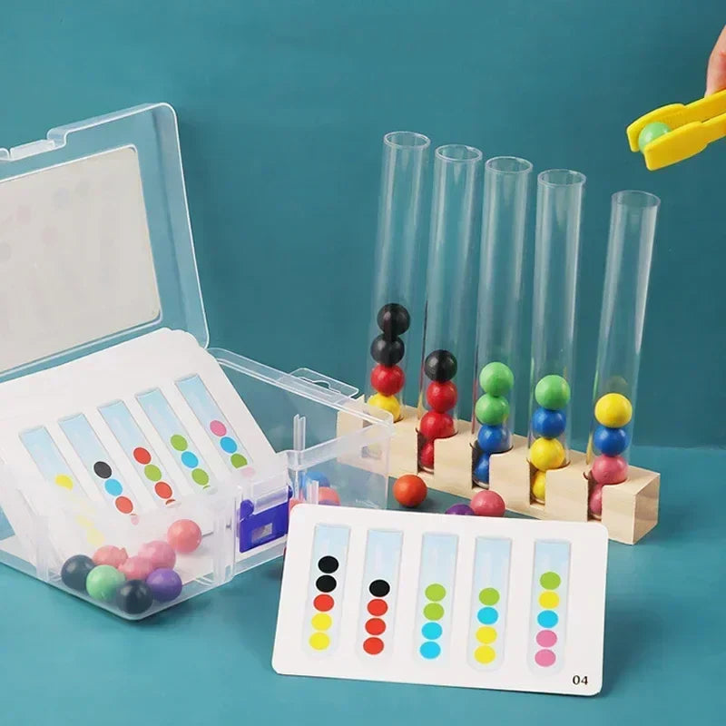 Kid matching colored tube clips & beads, enhancing motor skills with a smart thinking game