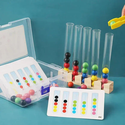 Kid matching colored tube clips & beads, enhancing motor skills with a smart thinking game