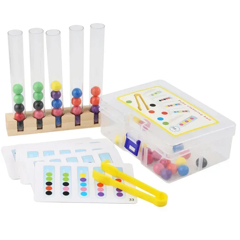 Toddler playing tube clip beads game, an educational toy for developing fine motor skills