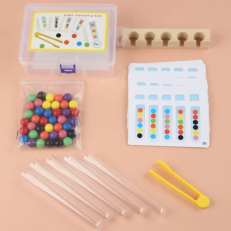 Colorful tube clips and beads in a smart thinking game for young kids learning & development