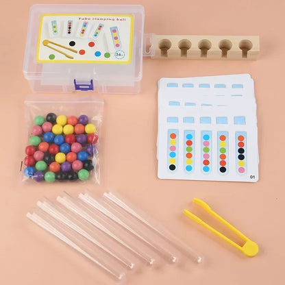 Colorful tube clips and beads in a smart thinking game for young kids learning & development