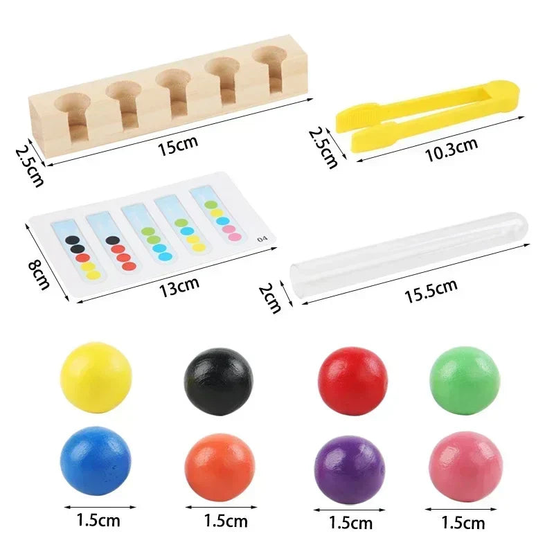 Child concentrating on placing beads into tube clips, a motor skill and thinking game toy