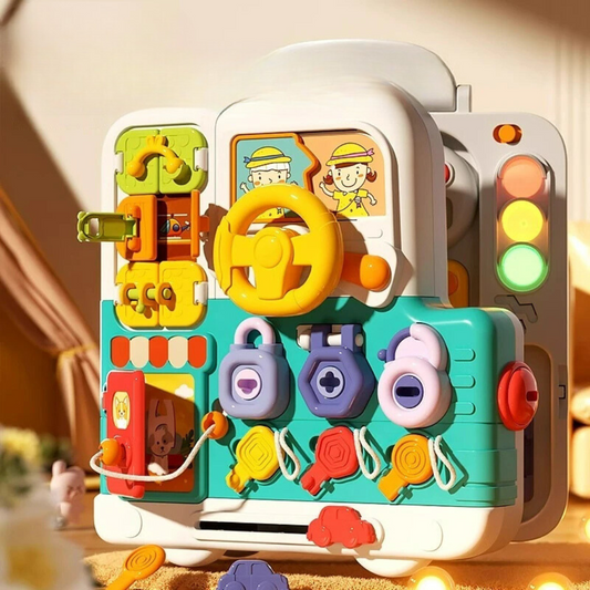 Kid playing with colorful educational multifunctional sensory busy board, developing fine motor skills.