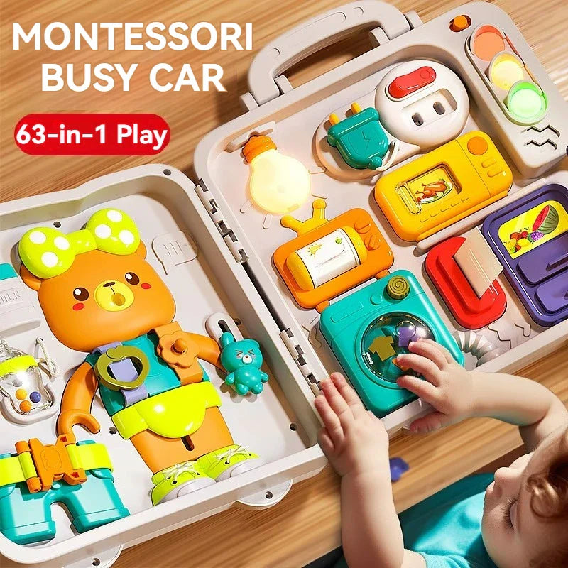 Portable educational busy board with various interactive elements, perfect travel toy for kids.