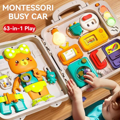 Portable educational busy board with various interactive elements, perfect travel toy for kids.