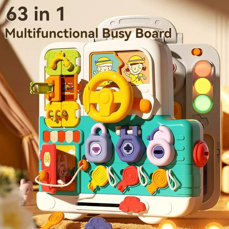 Sensory busy board with a clock, gears, and a maze, designed for early childhood learning.